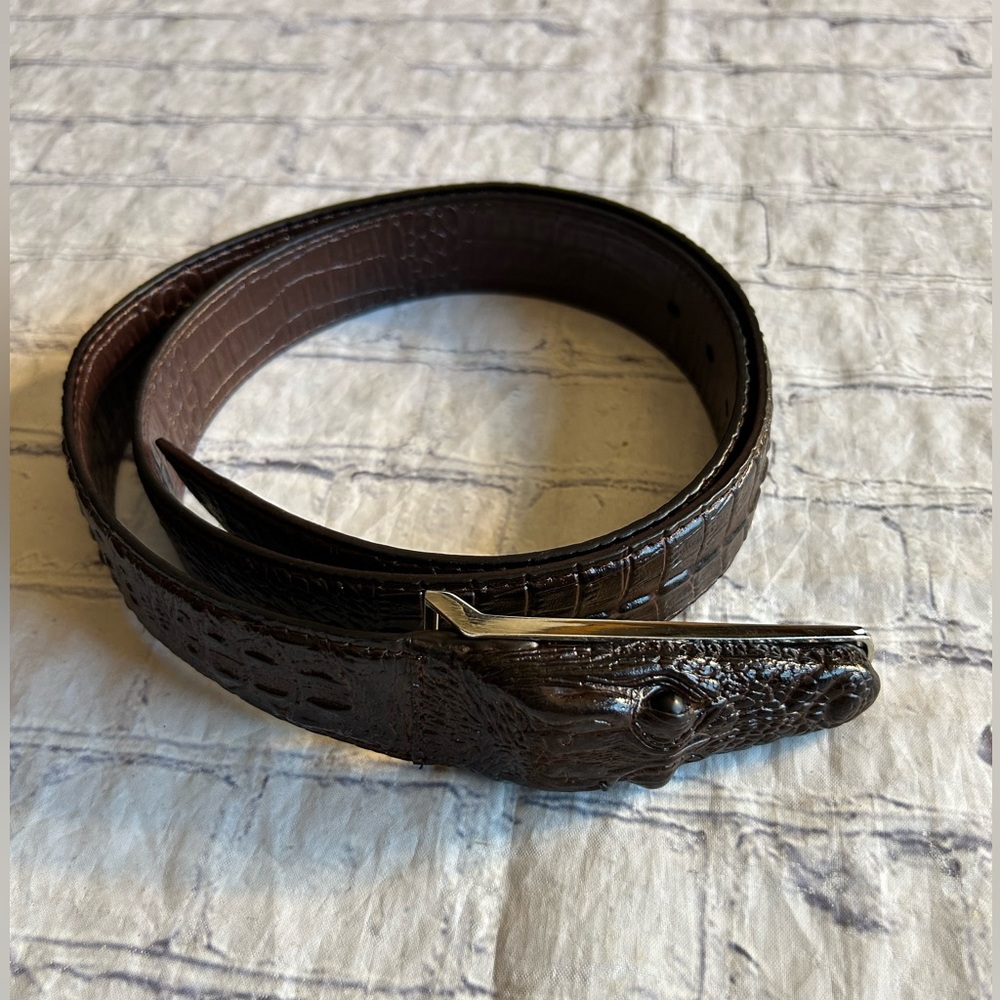 CROCODILE SKIN BROWN MENS BELT SILVER TONE HARDWARE